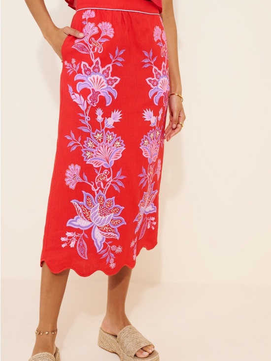 FARM Rio Dresses & Skirts - 100% Linen FARM Rio Red Midi Skirt with Lavender Floral Embroidery